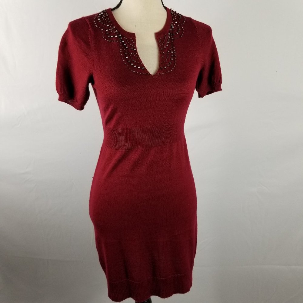 LOFT | Beaded Short Sleeve Burgundy Sweater Dress